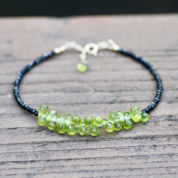 Sparkling Natural Black Spinel and Peridot Bracelet in 14k Solid Gold 7.2" - Picture 1 of 5